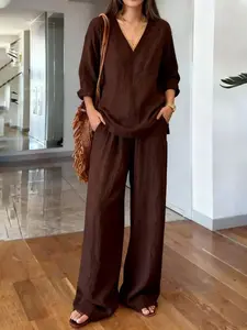 Women's Workwear Two Piece Set, V Neck Pullover Long Sleeve Top with Long Pants, Casual Loose Solid Color Matching Outfit, Spring Summer Daily Streetwear, Womenswear