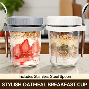 12oz Glass Salad Jar with Spoon, Portable Overnight Oatmeal Cup, Reusable Yogurt Container for Breakfast, Healthy Eating Containers, Perfect Gift for Holidays
