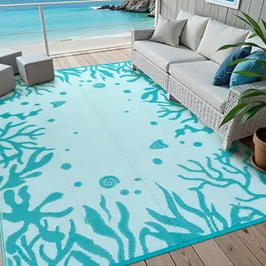 Coastal Outdoor Rug  8x10, Reversible  Beach Theme Patio Plastic Straw Rugs, RV Camping Outside Carpet Mat for Pool  Yard Deck Picnic, 8 x 10 ft