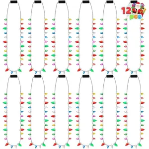 12 Pcs Christmas LED Mini Bulb Necklaces, Xmas Necklace with with 3 Lighting Fun Modes, Light Up Necklaces Lightweight and Comfortable for Sweater New Year Women Men Family Party Supplies