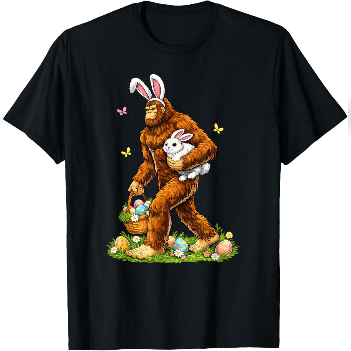 Funny Bigfoot Easter Sasquatch Holding Bunny With Basket T-Shirt Stylish Cotton Tee