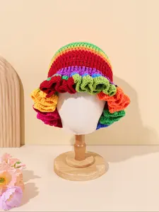 Neutral Rainbow Knit Fisherman Hat, Handcrafted Cap, Lace Detailing, Fitted Design, Perfect for Outdoor Activities & Travel, Fall Winter Wear