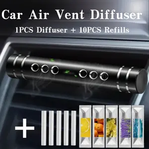 11PCS Car Air Freshener Gift Set - 1 Metal Car Vent Diffuser + 10 Refill Sticks, Aluminum Alloy Aroma Clip for Car Interior, Stylish Auto Air Freshener Accessory for Men & Women, Car Fragrance Set