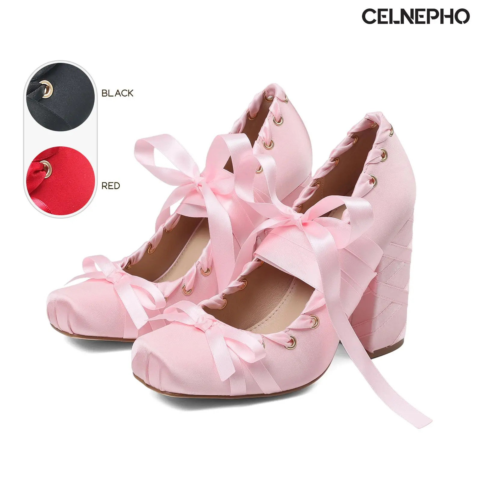 CELNEPHO Womens Pumps Lace Up Ribbon Heels Square Toe Block High Heel Mary Jane Ankle Strap Comfy Easy Slip on Fashionable Bowknot Ballerina Heels Wedding Party Date Casual Gifts Everyday Wear Ballet Dancing Trendy Dress Shoes