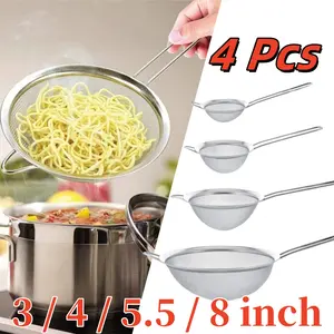 4 PCS Stainless Steel Fine Mesh Strainer Set - (3/4/5.5/8 inch) Durable, Rust-Resistant with Comfort Grip Handle - Essential Kitchen & Baking Tools for Smooth Sauces & Flour Hanging Pasta