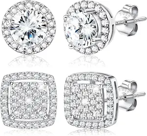 Cubic Zirconia Stud Earrings for Women Men Hypoallergenic  Sterling Silver Halo Studs Set Round Square Iced Out Earrings K Gold Plated Simulated Diamond Cut CZ Stud Earrings Set