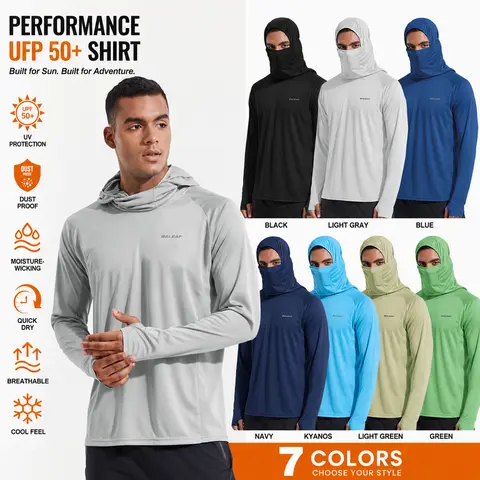 [Clearance] baleaf Men Sun Protection Hoodie Face Mask UPF50+ Long Sleeve Thumbholes UV SPF Shirt Neck Gaiter Fishing Beach Breathable Rash Guards Cool Feel Dust Proof Ninja Costumes Halloween Black #Summervibes SwimWeek