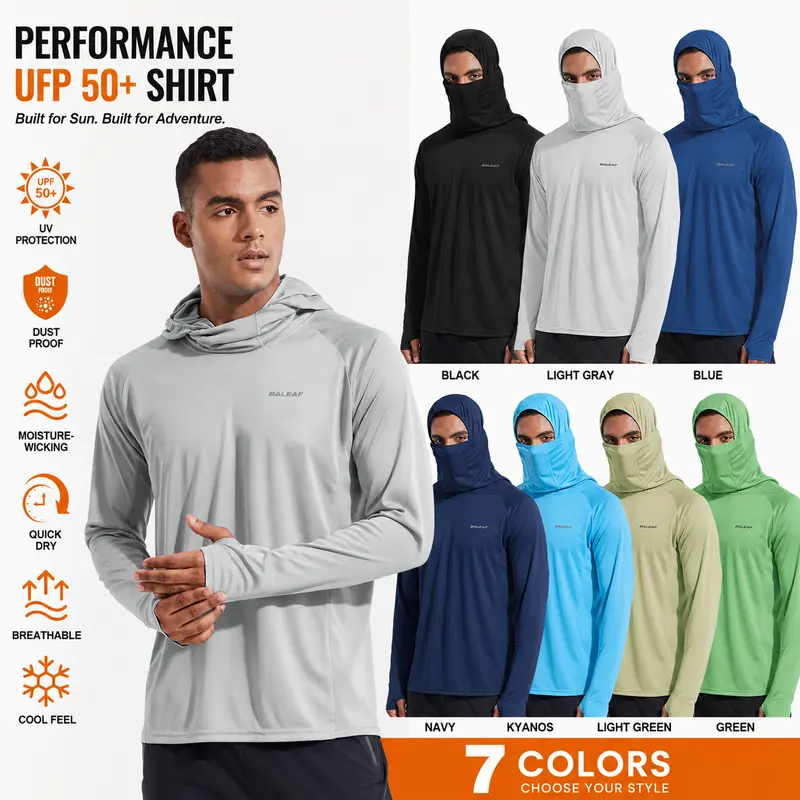 [Clearance] baleaf Men Sun Protection Hoodie Face Mask UPF50+ Long Sleeve Thumbholes UV SPF Shirt Neck Gaiter Fishing Beach Breathable Rash Guards Cool Feel Dust Proof Ninja Costumes Halloween Black #Summervibes SwimWeek