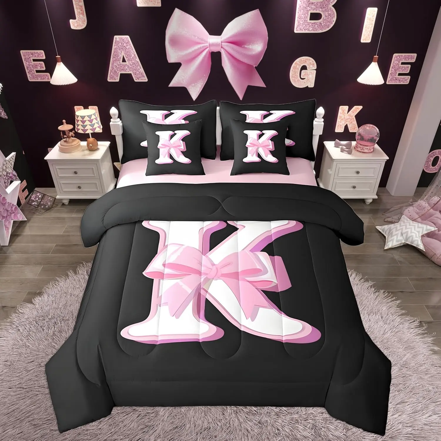 Kids Girls Black Pink Bow Comforter Set with Sheets Monogrammed 7 Piece Bedding Set Personalized Initial K Bed in a Bag with Comforter,Sheets,Pillowcases Modern Fashion Bed Set