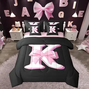 Kids Girls Black Pink Bow Comforter Set with Sheets Monogrammed 7 Piece Bedding Set Personalized Initial K Bed in a Bag with Comforter,Sheets,Pillowcases Modern Fashion Bed Set