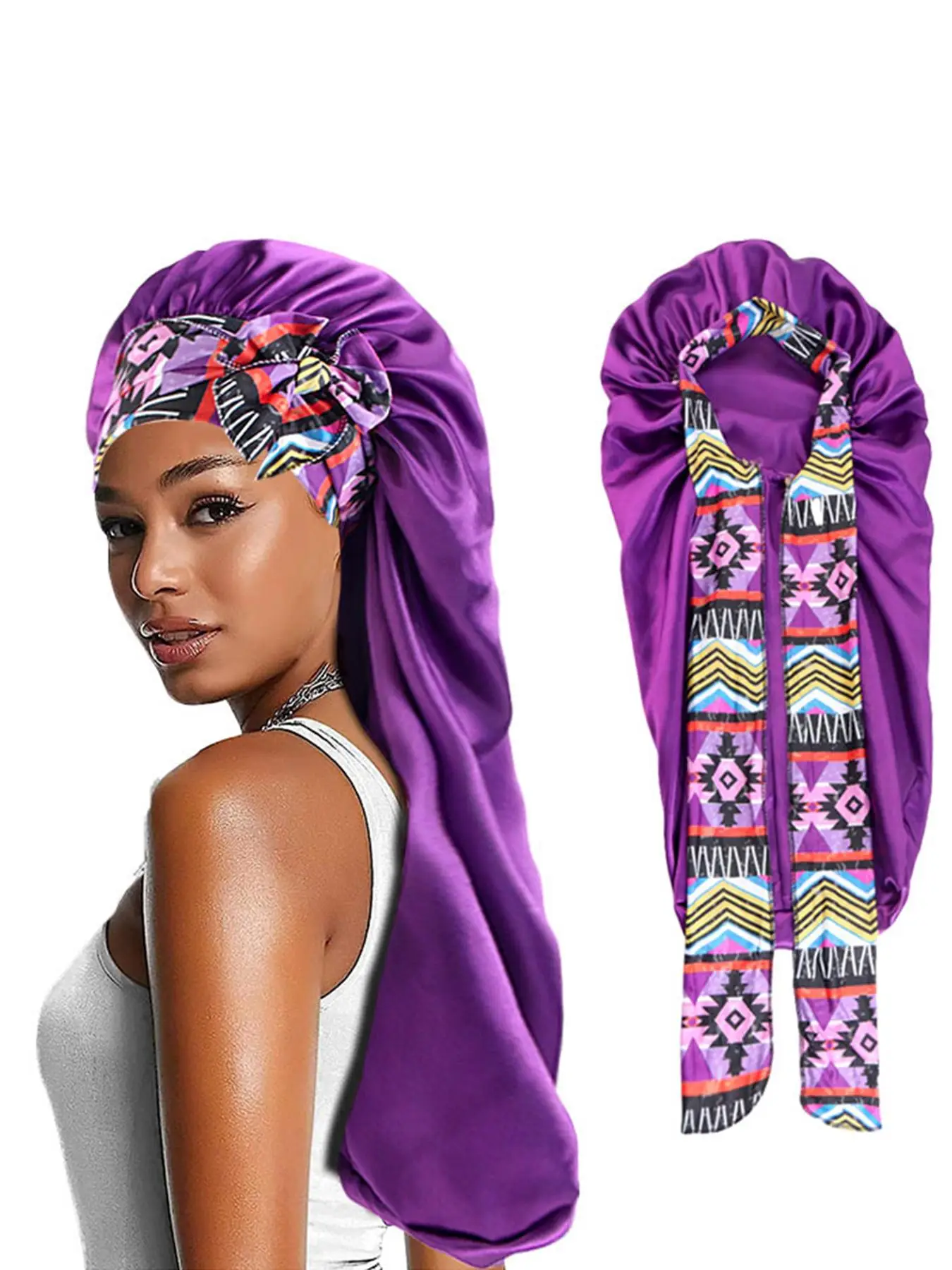 1 Piece Women's Ethnic Pattern Long Oversized Satin Bonnet, Casual Elastic Sleeping Cap with Ribbon for All Seasons, Breathable Turban Sleep Headwear