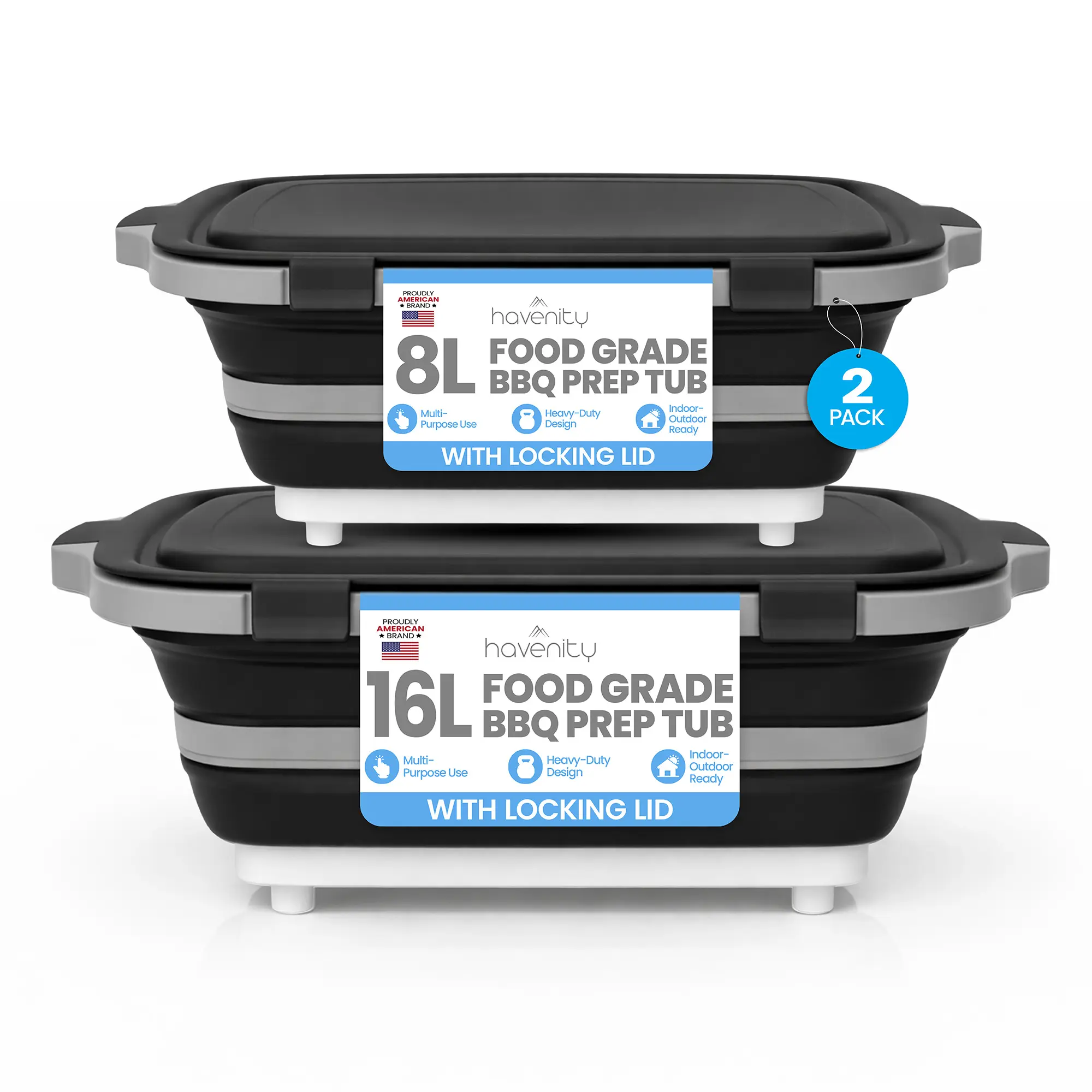 Havenity 2-Pack BBQ Prep Tubs (8L+16L) - Collapsible Food-Grade, Hygienic, Resealable Containers with Lids, Camping Cutting Board for Grilling, Meal Prep Meat Storage, Food-Grade Food Containers, Hygienic Food Containers summerwins