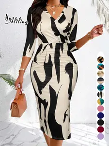 Aliling Women's Dress Valentine's Day Women's Clothing Summer Thin Elegant Midi V-Neck Half Sleeve Geometric Print Ruched Slim-Fitting Dress