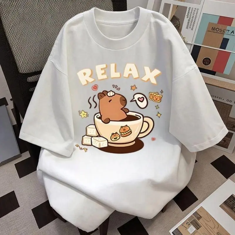 Minimalist Design Korean Style T-shirt for Men Women Simple Printed Oversized Breathable Fabric Top Womenswear Cotton Day Soft Thick Tshirt Streetwear Summer Crewneck Casual Shortsleeve White Capybara Cartoon T-shirt