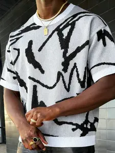 Men's Fashion Streetwear Short Sleeve Sweater Top, Round Neck Pullover, Geometric Stripe Pattern, Casual Loose Fit, All Seasons