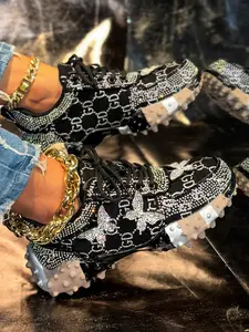 Women's Casual Shoes New Trend Thick Sole Breathable Dad Sneakers, Rhinestone Bow Design, Textile Upper, Rubber Sole