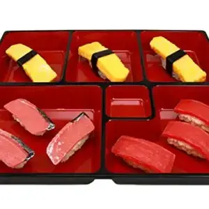 Ebros Gift Japanese 6 Compartments Bento Box Style Lacquered Plastic Serving or Display Platter Tray 11.5" by 9.25"