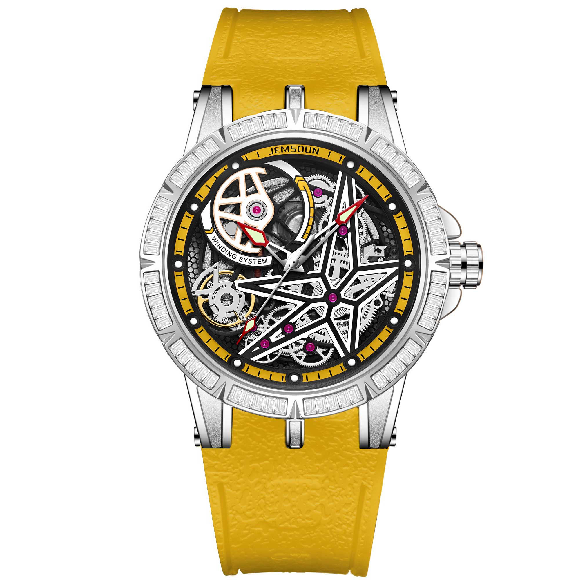 Luxury Skeleton Automatic Watch Diamond Bezel Black Rubber Strap