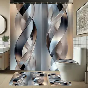 Abstract Stripe Pattern Bath Curtain Set, Includes Rug & Shower Mat, Non-Slip Bath Pad, U-Shaped Toilet Lid Cover, Bathroom Decor
