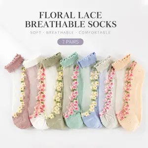 7 Pairs Sheer Mesh Ankle Socks for Women – Cute Floral Embroidered, Low Cut Invisible, Thin Nylon for Summer Dresses