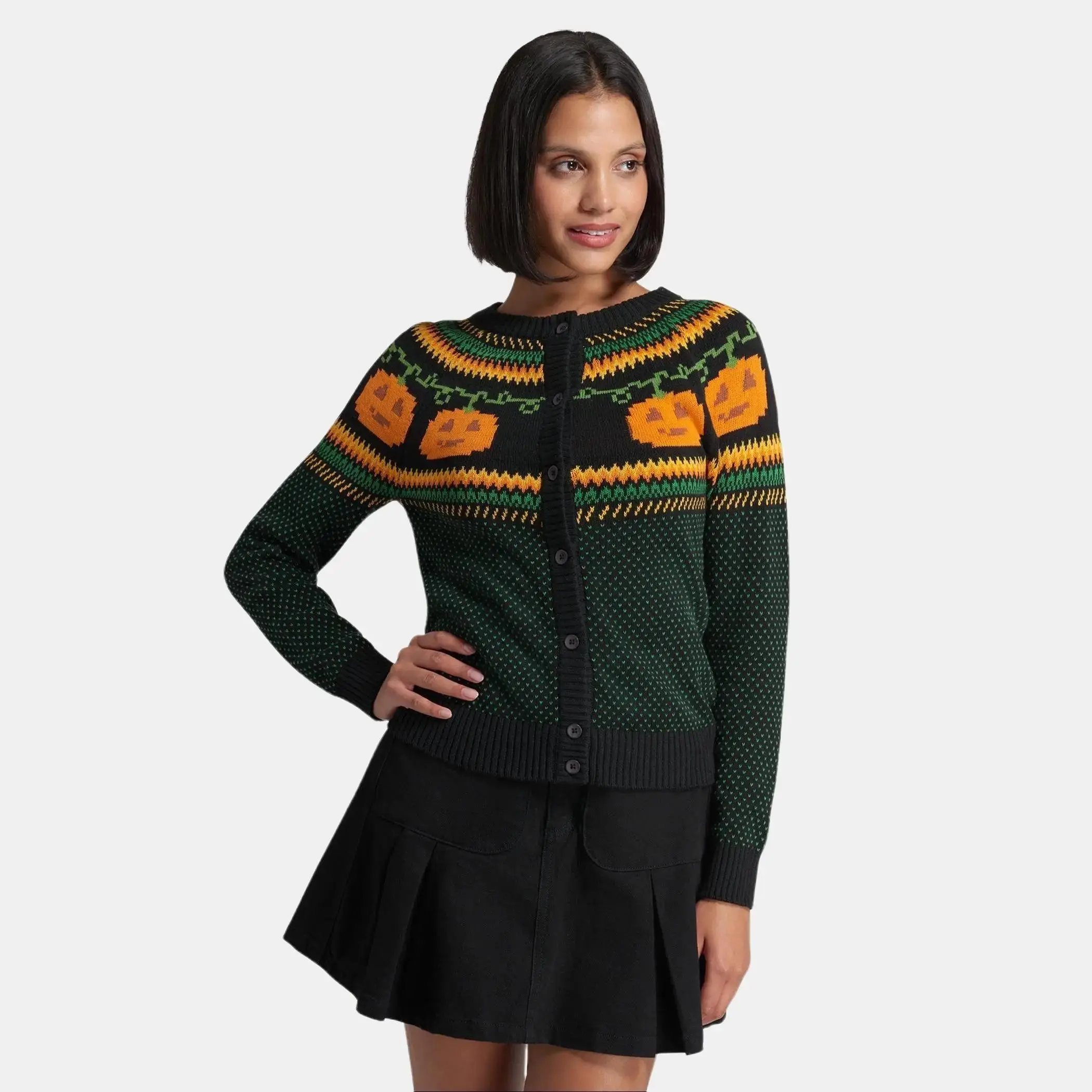 ModCloth Give 'Em Pumpkin To Talk About Fair Isle Cardigan - Black/Green (XS-4X) Cotton Knitwear