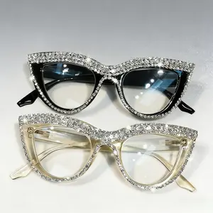 2PCS Cat Eye Rhinestone Fashion Glasses for Women | Elegant Anti-Blue Light, Stylish Full-Frame Design with Sparkling Crystals, Black & Translucent Frames, Polycarbonate Lenses for Screen Protection