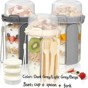 3-Pack Overnight Oat Jars with Lids, Portable Dual-Layer Yogurt Cups, Dry-Wet Separation, Sealed Oat Jars with Spoon and Fork, Convenient Breakfast Containers, Airtight Container Set