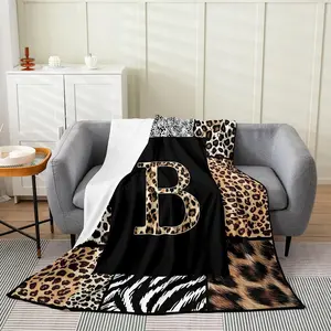 Leopard Letter A-Z Throw Blanket Throw Black Brown African Wildlife Flannel Blanket for Women Men Adults Cheetah Zebra Skin Print Bed Blanket for Living Room Couch