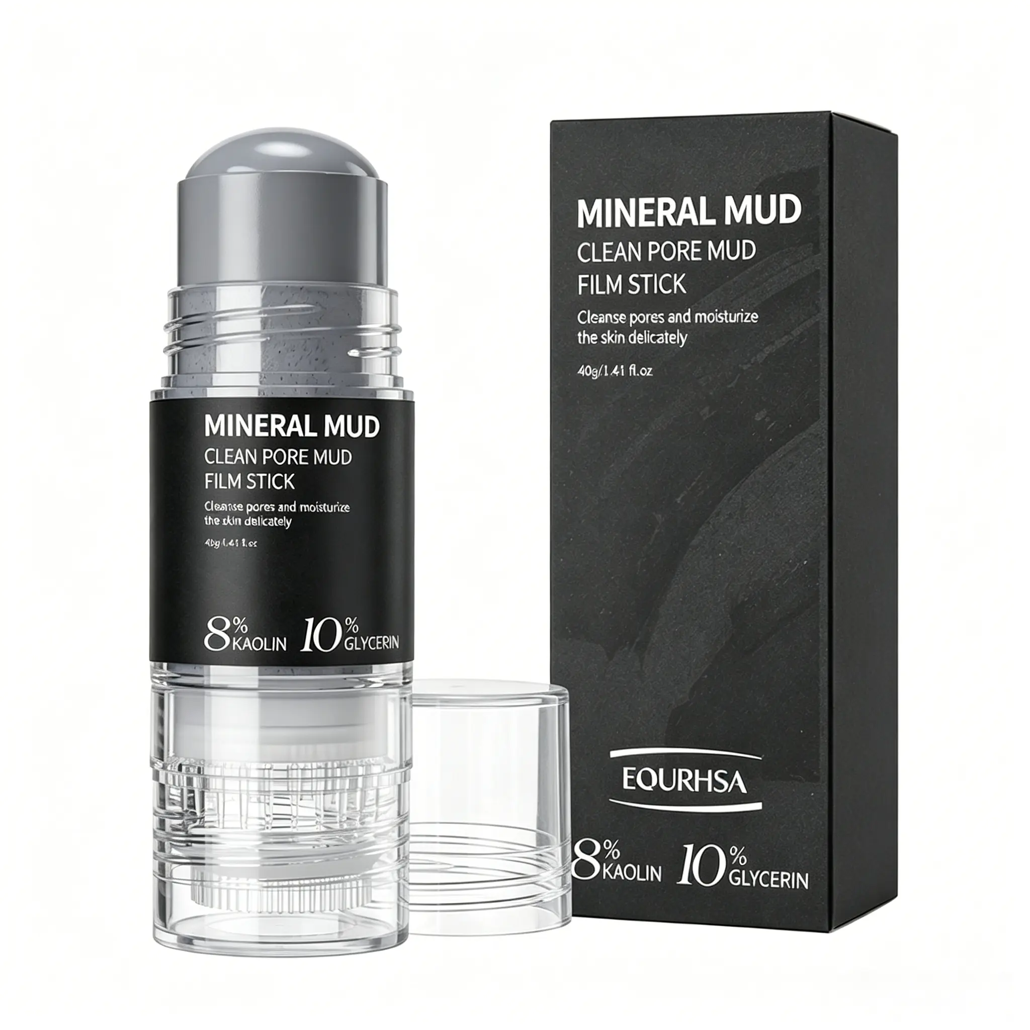 Pore Cleansing Mineral Mud Stick with Built-in Soft Silicone Brush, 8% Kaolin Clay Draws Out Facial Grease & Pore Debris, 10% Glycerin Hydrates Skin Against Dryness, Twist-Up Portable Clay Mask Stick for Daily & Travel Skincare