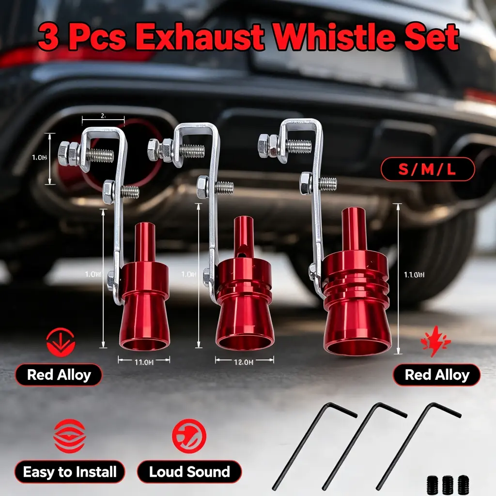 3PCS Car Exhaust Whistle Tip Kit (Black/Red, S-M-L Sizes), Universal Muffler Sound Maker, Adjustable Turbo Sound Pipe Insert, Easy-Install Automotive Exterior Accessory