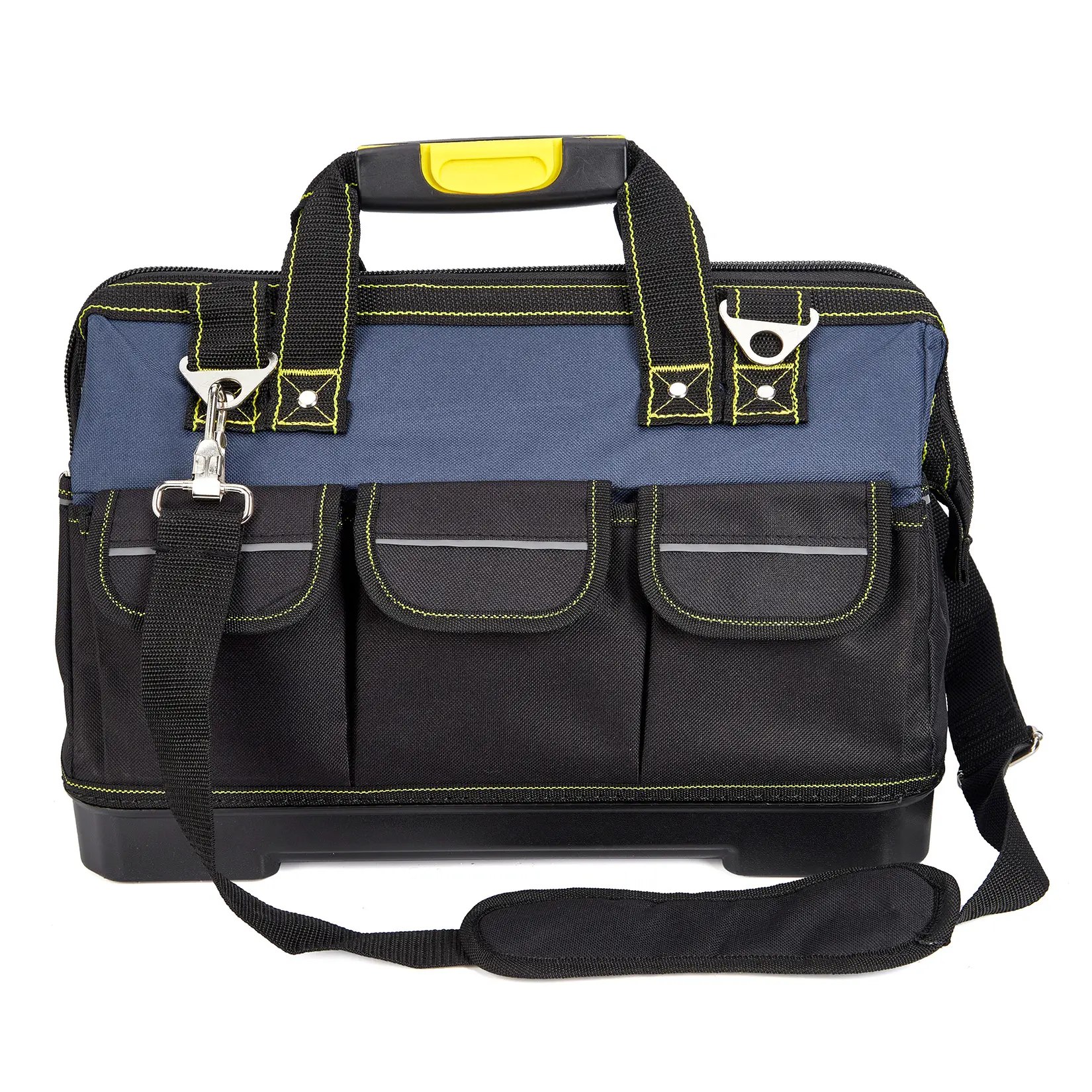 19-Inch Heavy Duty Rugged 5-Layer Tear-Resist Oxford Fabric Tool Bag for Mechanics, Wide-Mouth Access Tote with Waterproof Plastic Molded Base, 16 Pocket Zones, Adjustable Strap with Allday Shoulder Pad, Blue, for Job Site Wet/Muddy Use