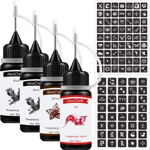 Temporary Tattoos Kit, Permanent Tattoo, 4 Pcs with Three Colors, DIY Tattoos, Full Kit 103 Pcs Adhesive Stencil for Women Kids Men Body Markers - 4 Bottles (Black*2/Red/Brown)