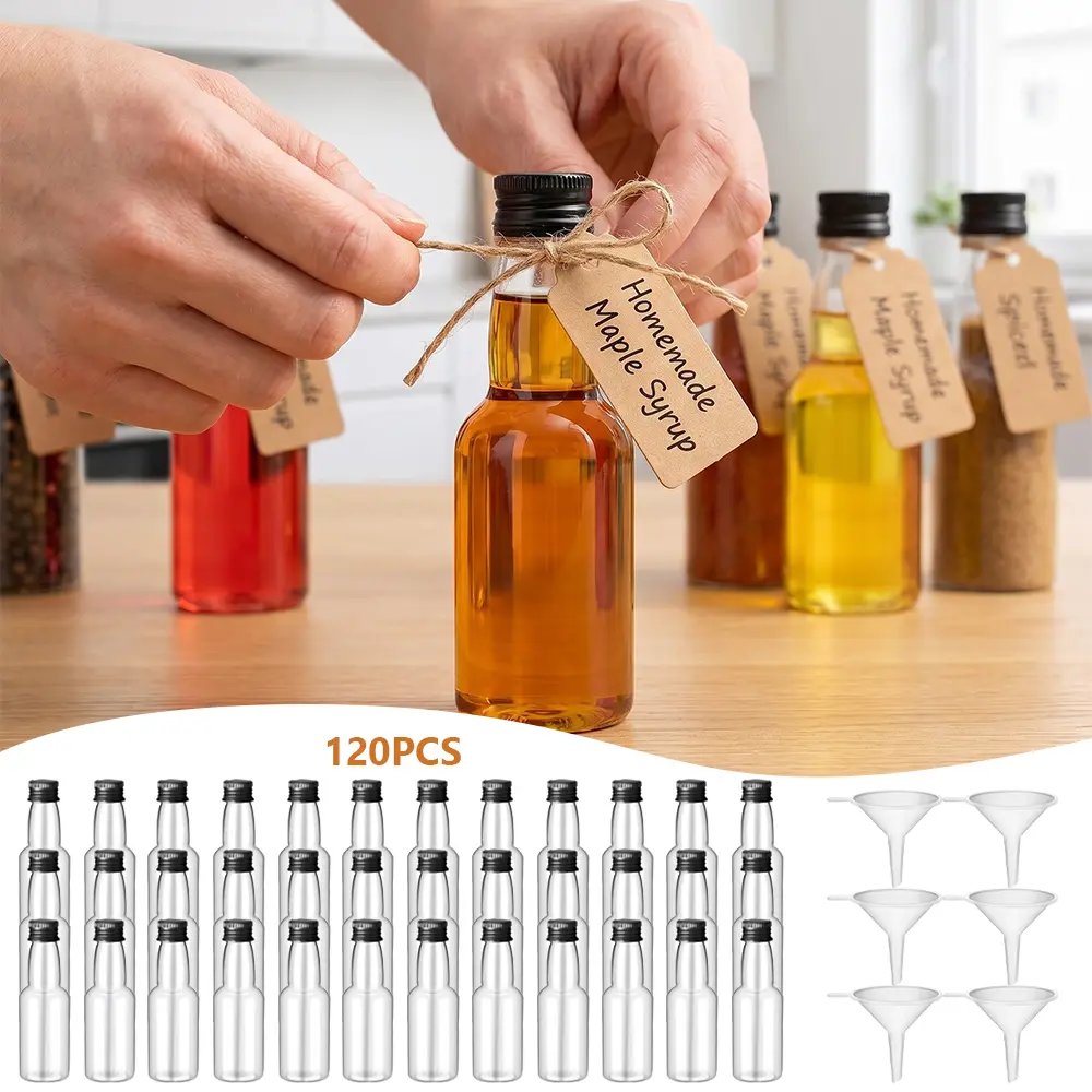 120 pcs 2oz mini plastic transparent split bottle with lid and 6-piece funnel, used for beverages, salad dressings, wine, spicy sauces, party supplies