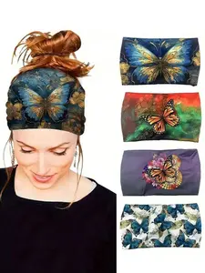 Boho Butterfly Print Headbands Set, High Elasticity Cross Design Hair Accessories for Women, Perfect for Sports & Travel Decoration