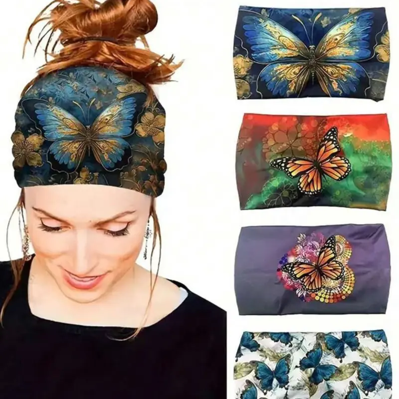 Boho Butterfly Print Headbands Set, High Elasticity Cross Design Hair Accessories for Women, Perfect for Sports & Travel Decoration, Chic Headbands Hairbands
