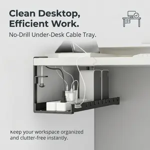 No-Drill Under-Desk Cable Management Tray, Clamp-On Metal Wire Cable Organizer, Desk Wire Storage Rack for Power Strips, Cords & Chargers, Clutter-Free Workspace Solution