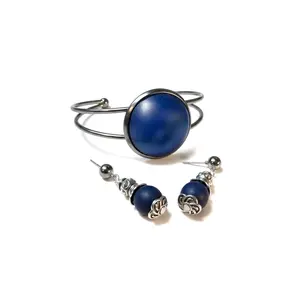 Cuff & Dangle Set – Navy, Moonstone, Onyx, Pink & Brown | Stainless Steel Statement Bracelet & Earrings