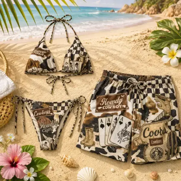 Women’s Western Cowboy Bikini Set – Coors Print Rodeo Swimwear, Vintage Howdy Graphic Triangle Bikini, Sexy Beach Outfit Summer Vacation 2026 | Men’s Hawaii Shorts Tropical Cowboy Style (Sold Separately)