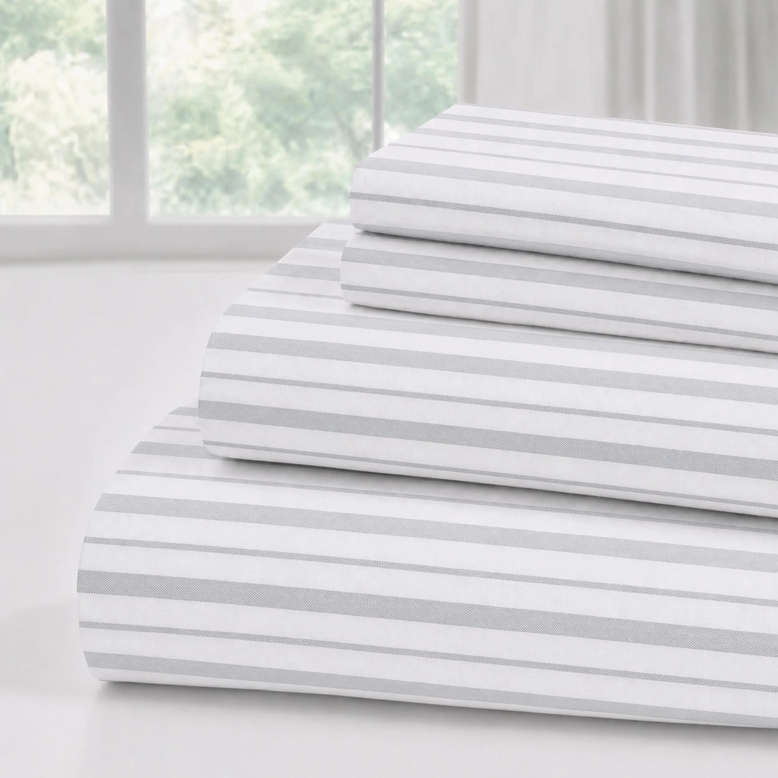Modern Threads Microfiber Sheet Set, Silky Soft & Wrinkle-Free, Deep Pocket Fitted Sheet, Flat Sheet & Pillowcases, Pinstripe Gray , Twin
