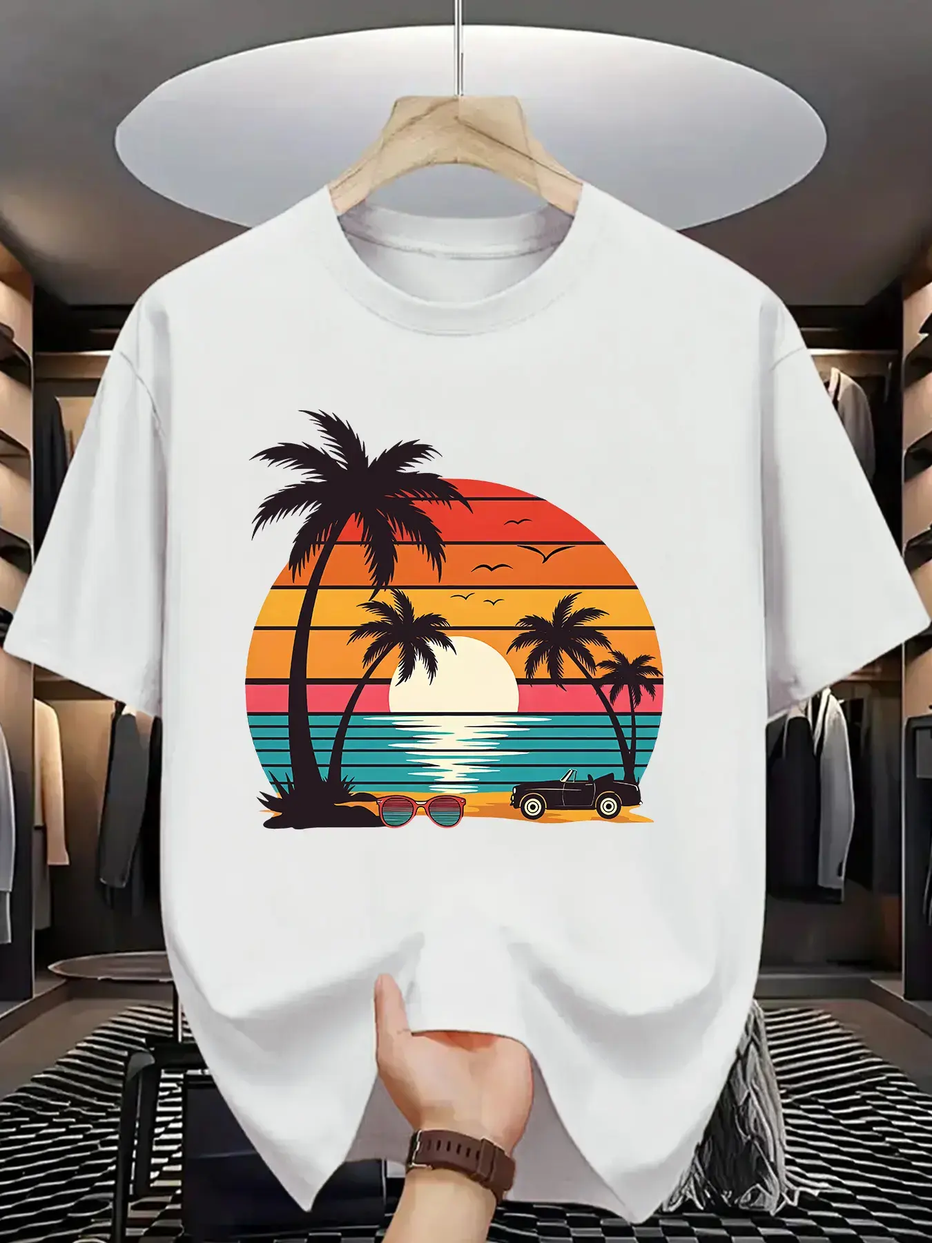 Men's 100% Cotton Short Sleeve Tshirt - Tropical Sunset Palm Tree Graphic Print, Casual Round Neck, Relaxed Classic Fit, Breathable, Machine Washable for Beach Outings, Oversized Option