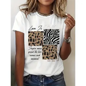 Women's Love Is Wild Leopard & Zebra Graphic Print T-Shirt - Short Sleeve Crew Neck Casual Top with Inspirational Quote, Medium Stretch, Machine Washable Summer & Spring Tee, Leopard Print Tshirt, Spring Fashion Tee, Mixed Animal Print