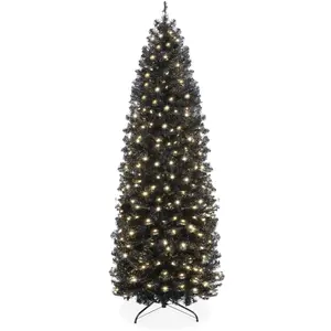 Best Choice Products Pre-Lit Black Artificial Christmas Tree, Holiday Pencil Tree w/ Metal Base