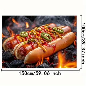 1pc 2D Flat Gourmet Hot Dog Backdrop with Grilled Sausages, Realistic Smoke Effect & Spicy Jalapeños - Durable Polyester BBQ Party Decor, No Electricity Needed for Food Photography, Indoor/Outdoor Events, 2D Flat Banners Size