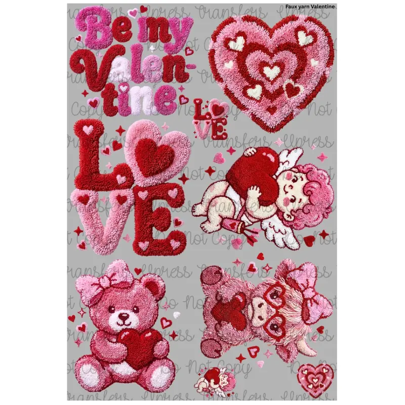 Faux Yarn Valentine Mini DTF Transfer Gang Sheet 24.5" wide x 36" long Direct To Film