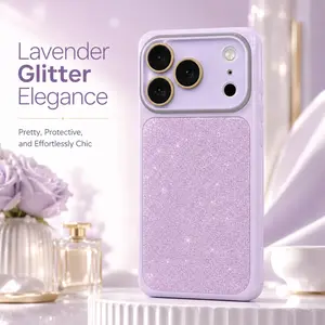 iPhone 16 Pro Max Case Lavender Purple Glitter Sparkle Two-Tone Large Square  Camera Window Gold Lens Ring Ultra Slim Shockproof Cover for Women Girls