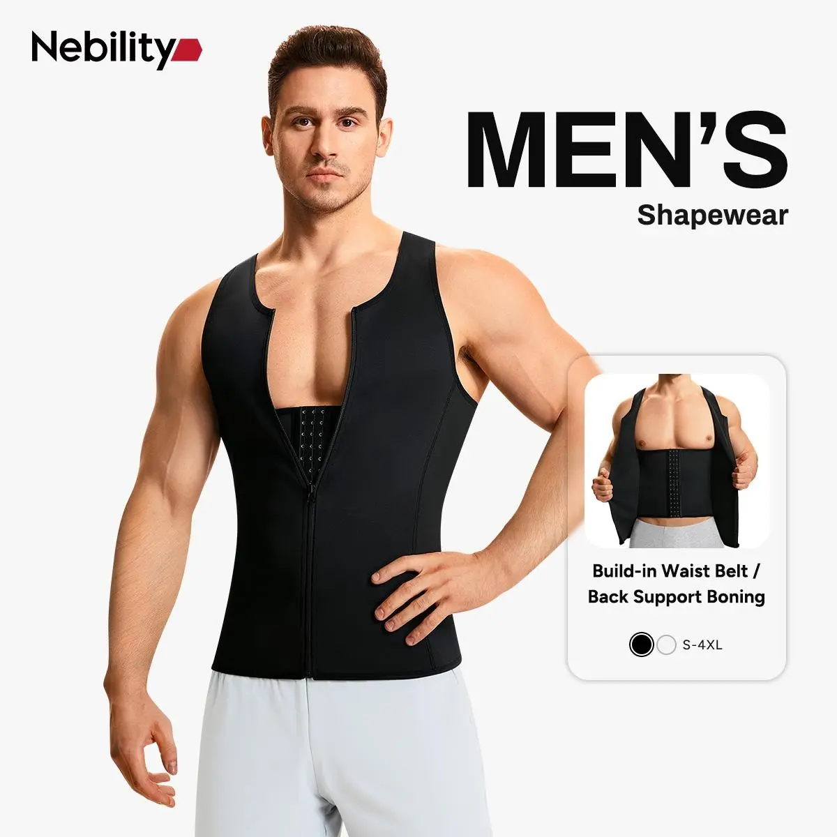 【Nebility】Men's  Waist Trainer Trimmer Compression Vest Steel Bone Support  Outdoor Sport Exercise Athletic Shapewear Fitness Zipper,fathersdaygift