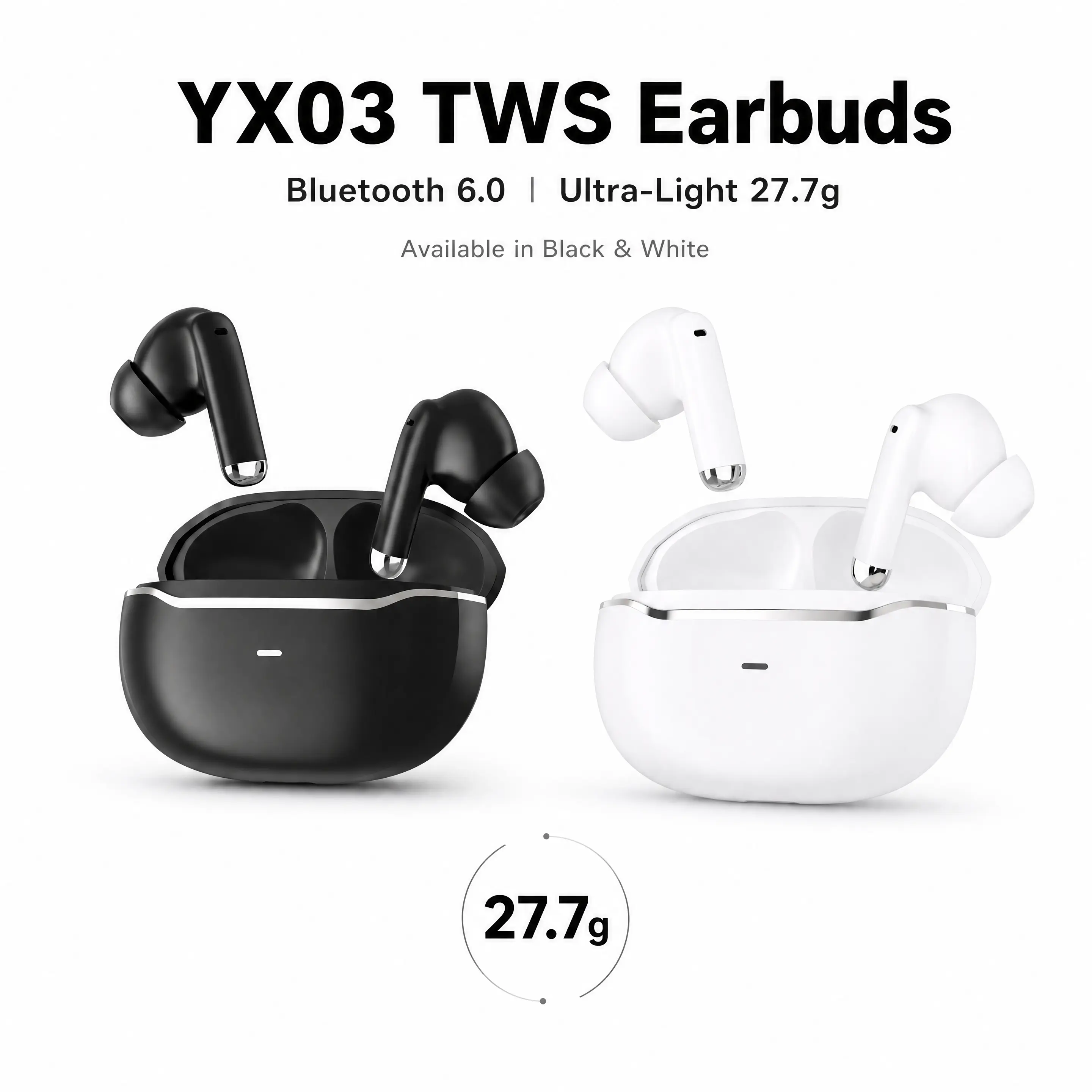 YX03 True Wireless Earbuds | Ultra-Lightweight Bluetooth 6.0 Headphones, Low Latency, 130H Standby, Noise Isolation for iOS/Android
