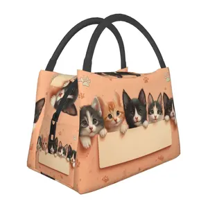 Lunch box, lunch bag, reusable portable insulation bag, insulation bag,kitten pattern, suitable for outdoor camping, work, school, fitness