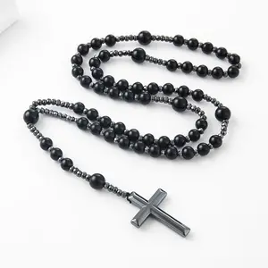 8mm Black Stone Crystal Catholic Rosary Beads Necklace - 510mm Length Religious Prayer Jewelry, Spiritual Holy Faith Accessory, Unisex Devotional Gift for Women Men, Wholesale Bulk Order Available