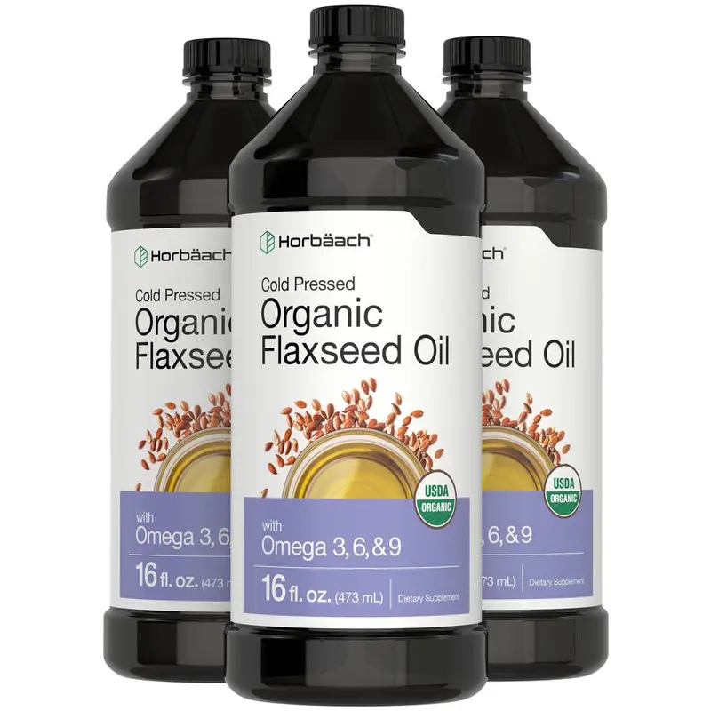 Horbäach Organic Flaxseed Oil | 3 Pack | 16 fl oz Each | Cold Pressed | with Omega 3, 6, 9 | Vegetarian, Non-GMO, Gluten Free Liquid